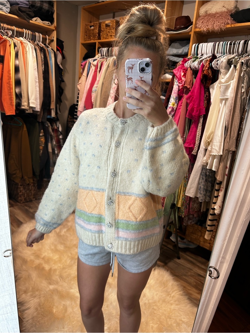 Zara Cream Pastel Stripe Button-Up Sweater jewel top size S